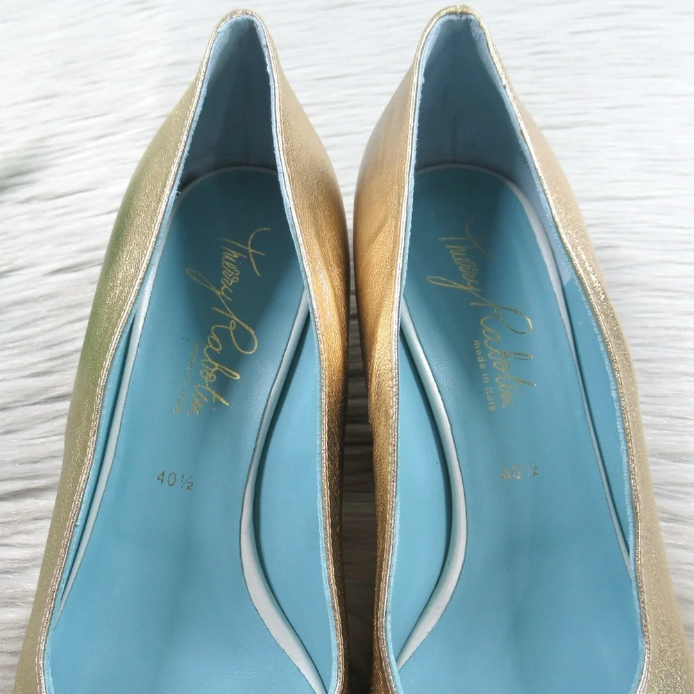 THIERRY RABOTIN Gold Napa Pointed Toe Kitten Heel Pumps Women's 40.5 US Size 10